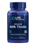 Life Extension envase frontal de Advanced Milk Thistle mostrando 120 softgels y beneficio de soporte hepático