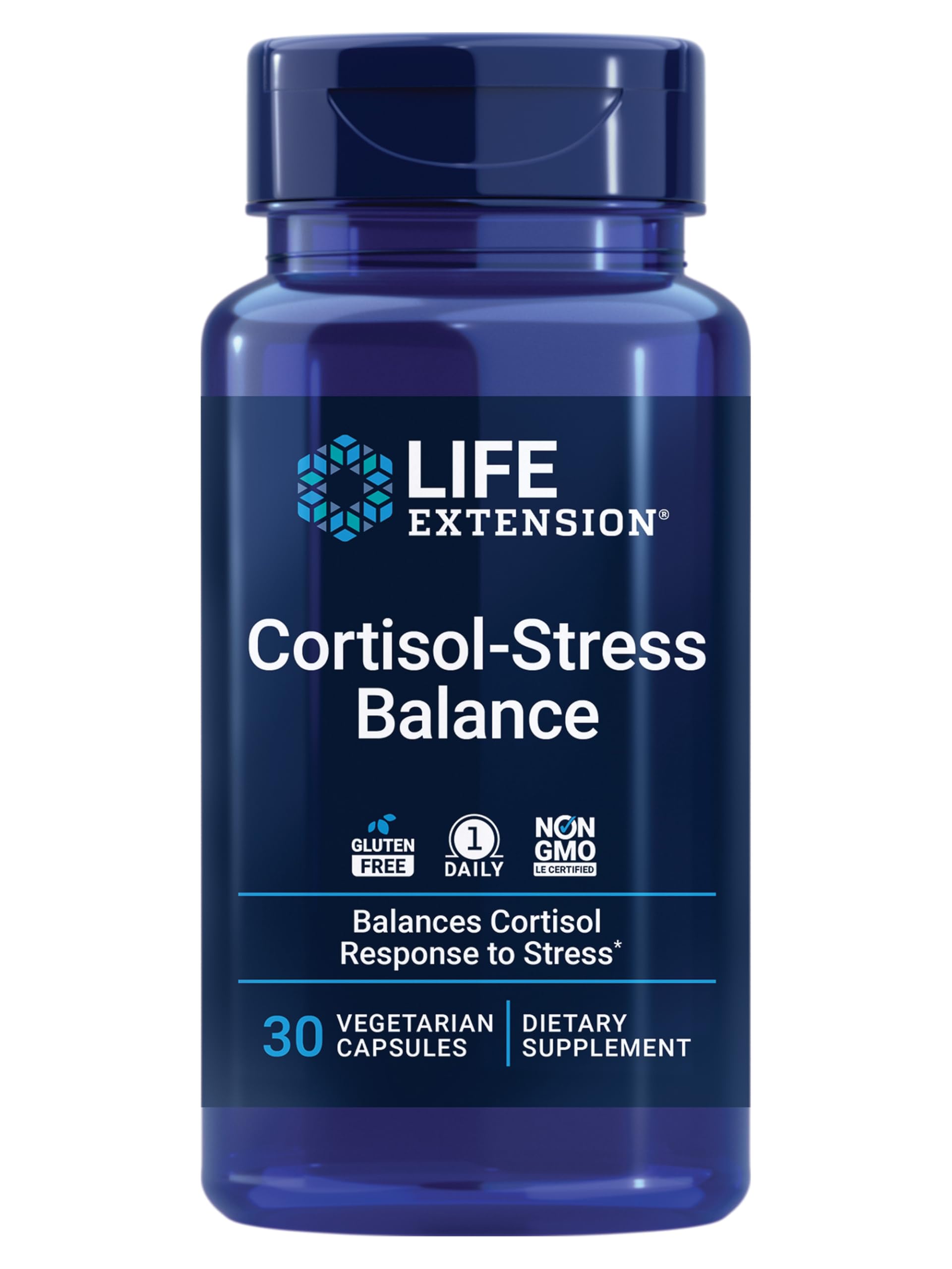 Life Extension envase frontal Cortisol-Stress Balance mostrando diseño y beneficios