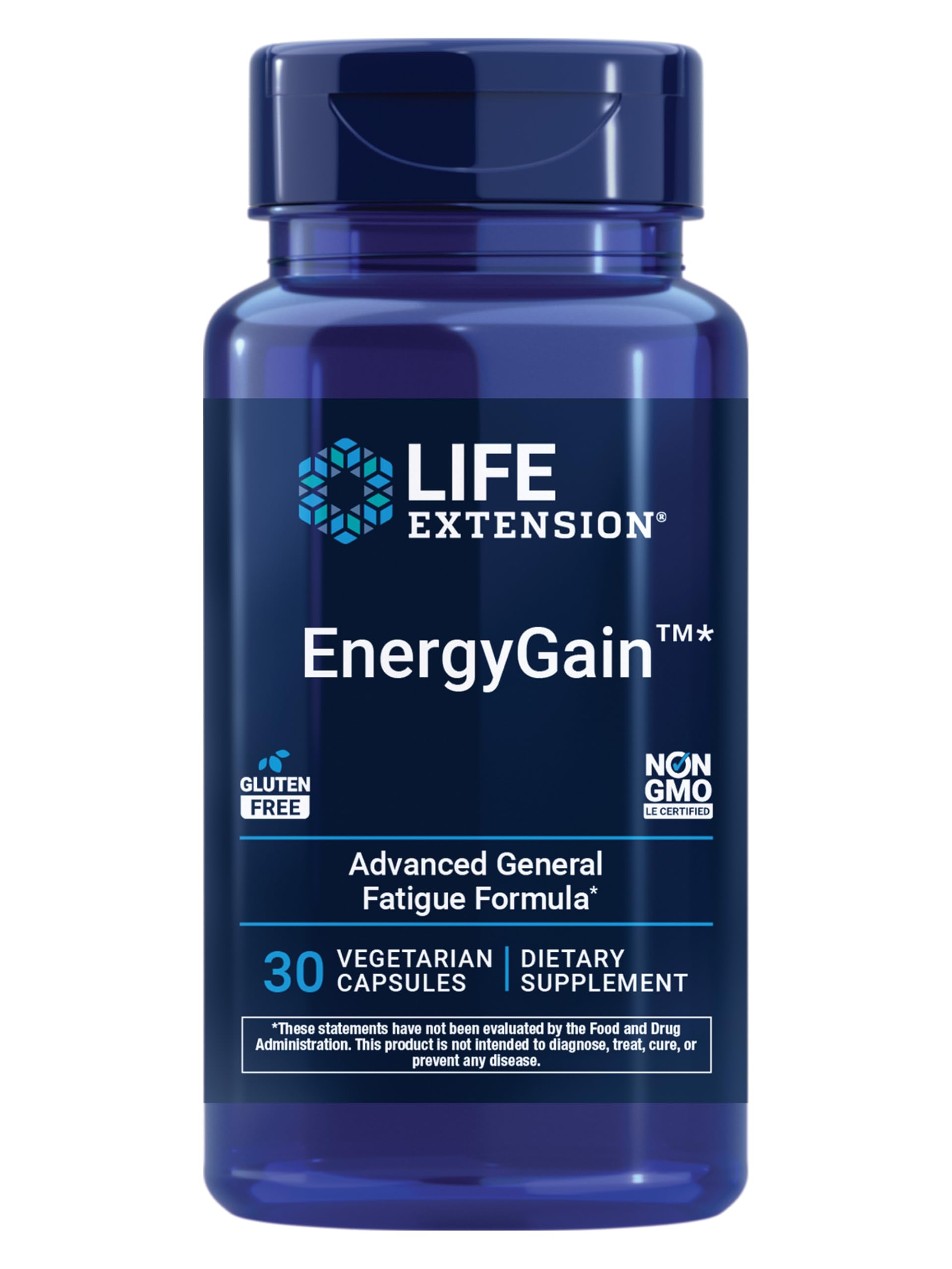 Life Extension envase frontal EnergyGain mostrando etiqueta y beneficios