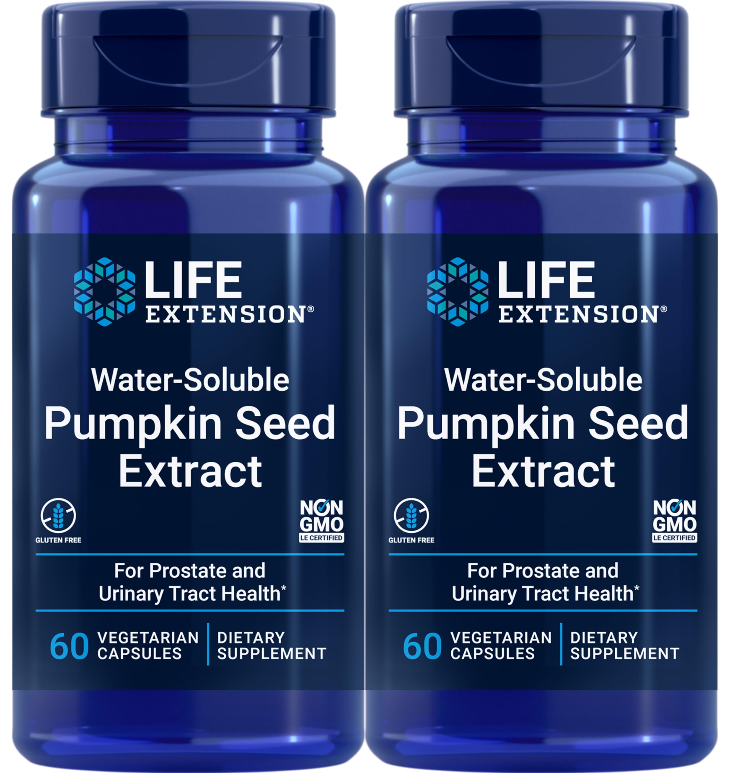 Life Extension frasco frontal del extracto de semilla de calabaza con etiqueta clara y beneficios