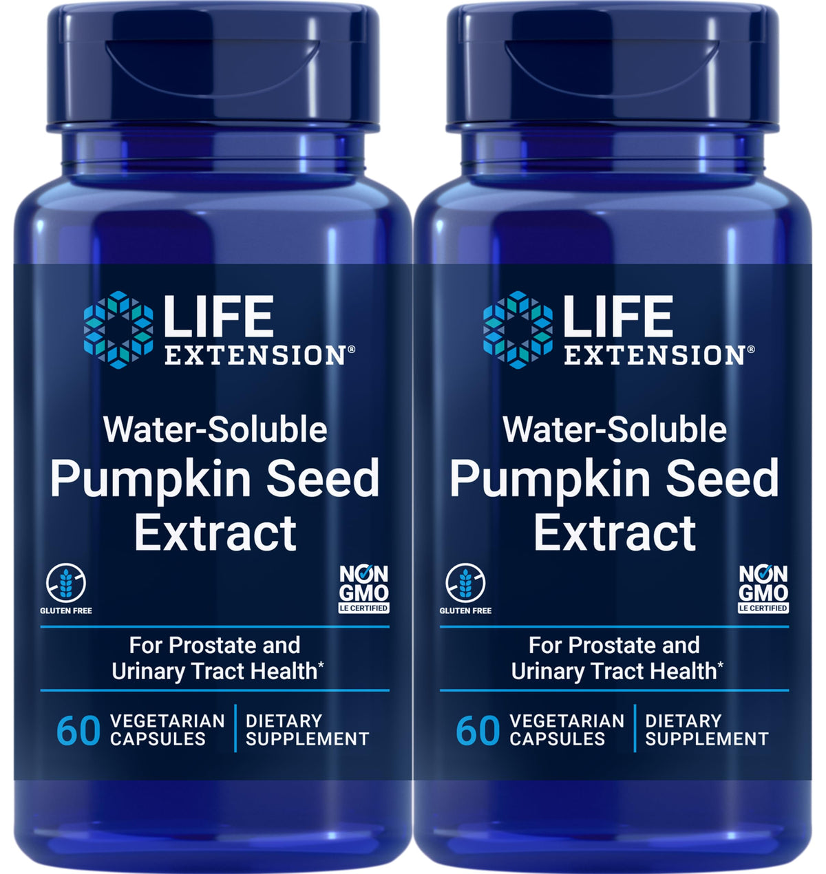Life Extension frasco frontal del extracto de semilla de calabaza con etiqueta clara y beneficios