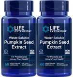 Life Extension frasco frontal del extracto de semilla de calabaza con etiqueta clara y beneficios