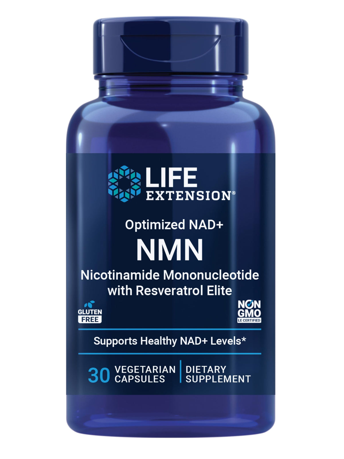 Life Extension envase frontal NMN con resveratrol para energía celular