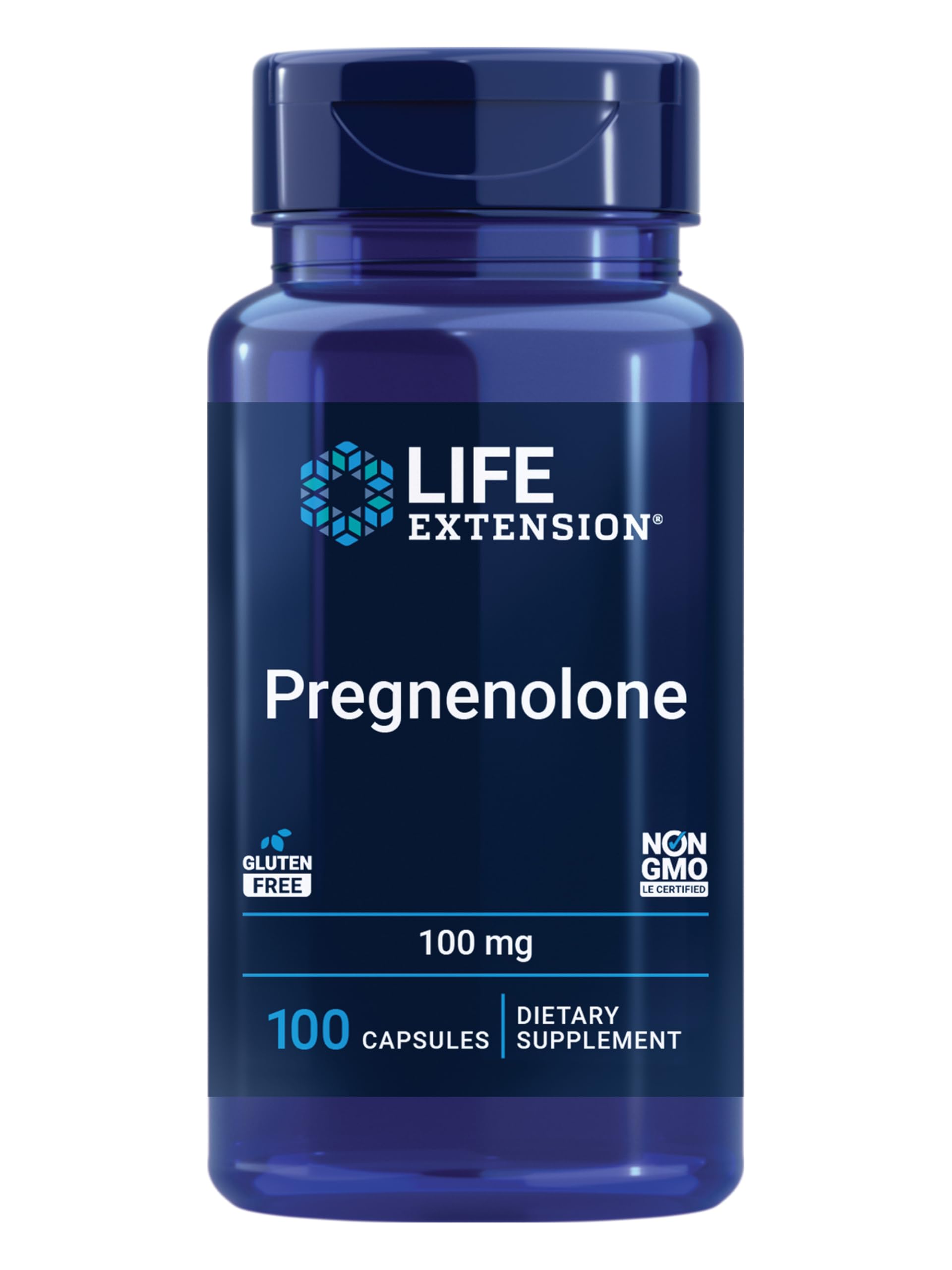 Life Extension envase frontal de Pregnenolone mostrando 100 mg beneficio de dosificación clara