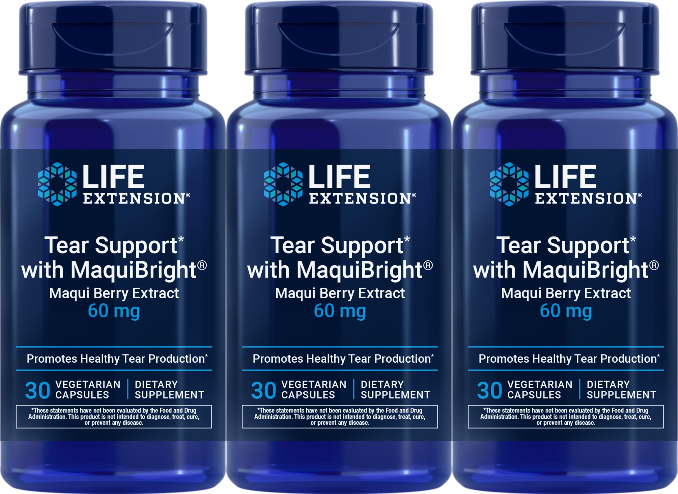 Life Extension frontal con tres frascos del suplemento para confort ocular, aporta continuidad