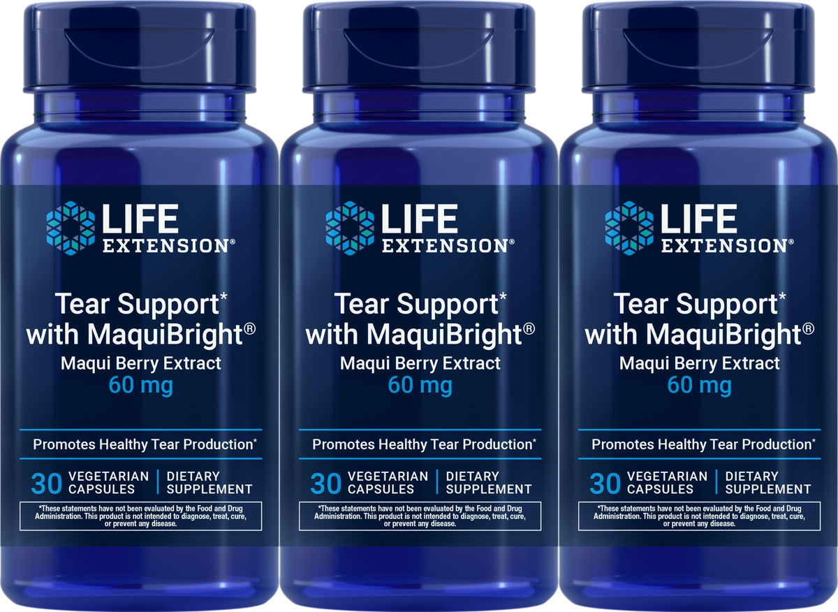 Life Extension frontal con tres frascos del suplemento para confort ocular, aporta continuidad