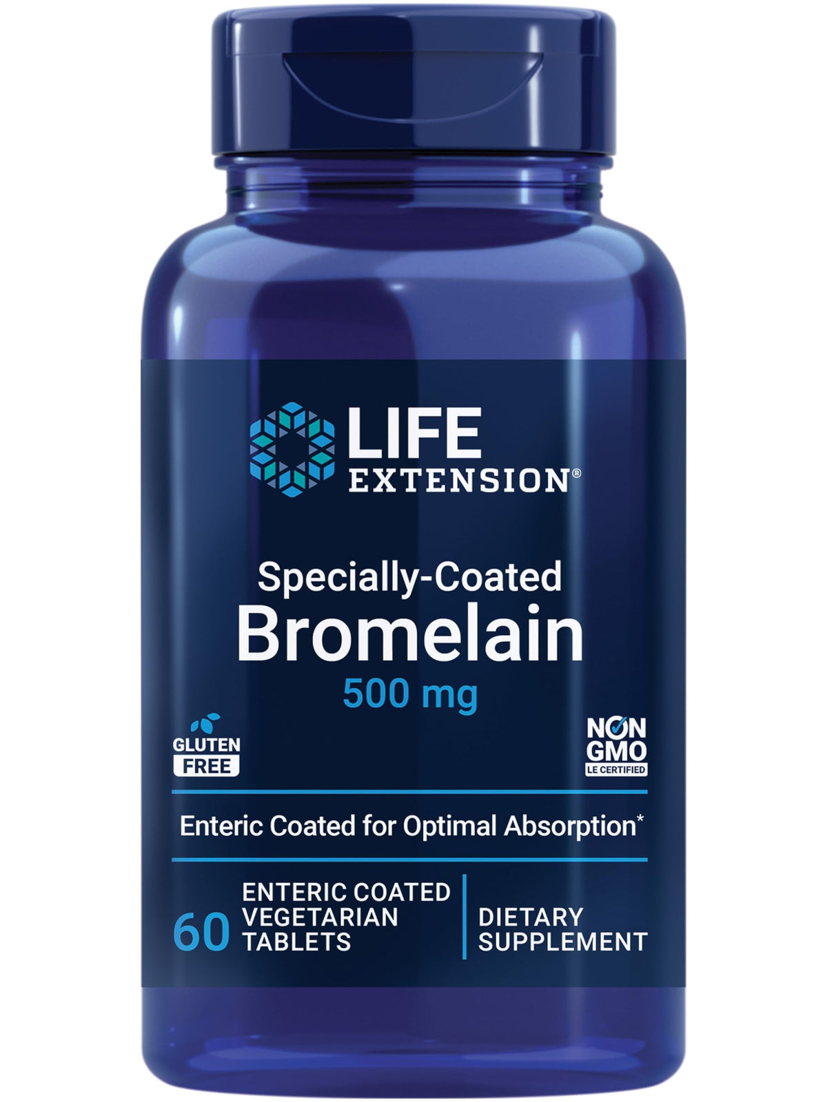 Life Extension envase frontal de bromelina que destaca recubrimiento entérico y beneficios