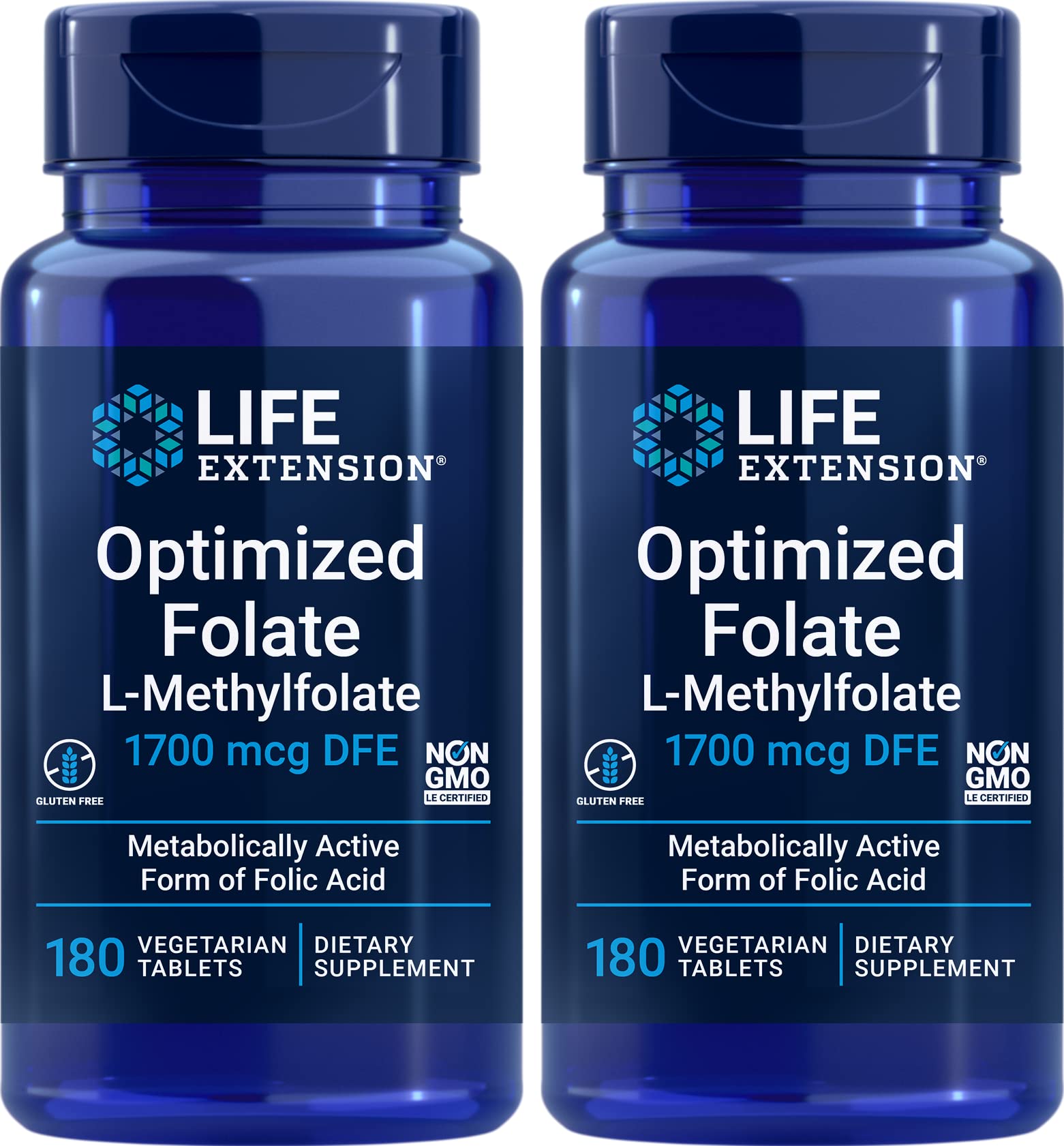 Life Extension frontal del envase Optimized Folate mostrando la marca y cantidad