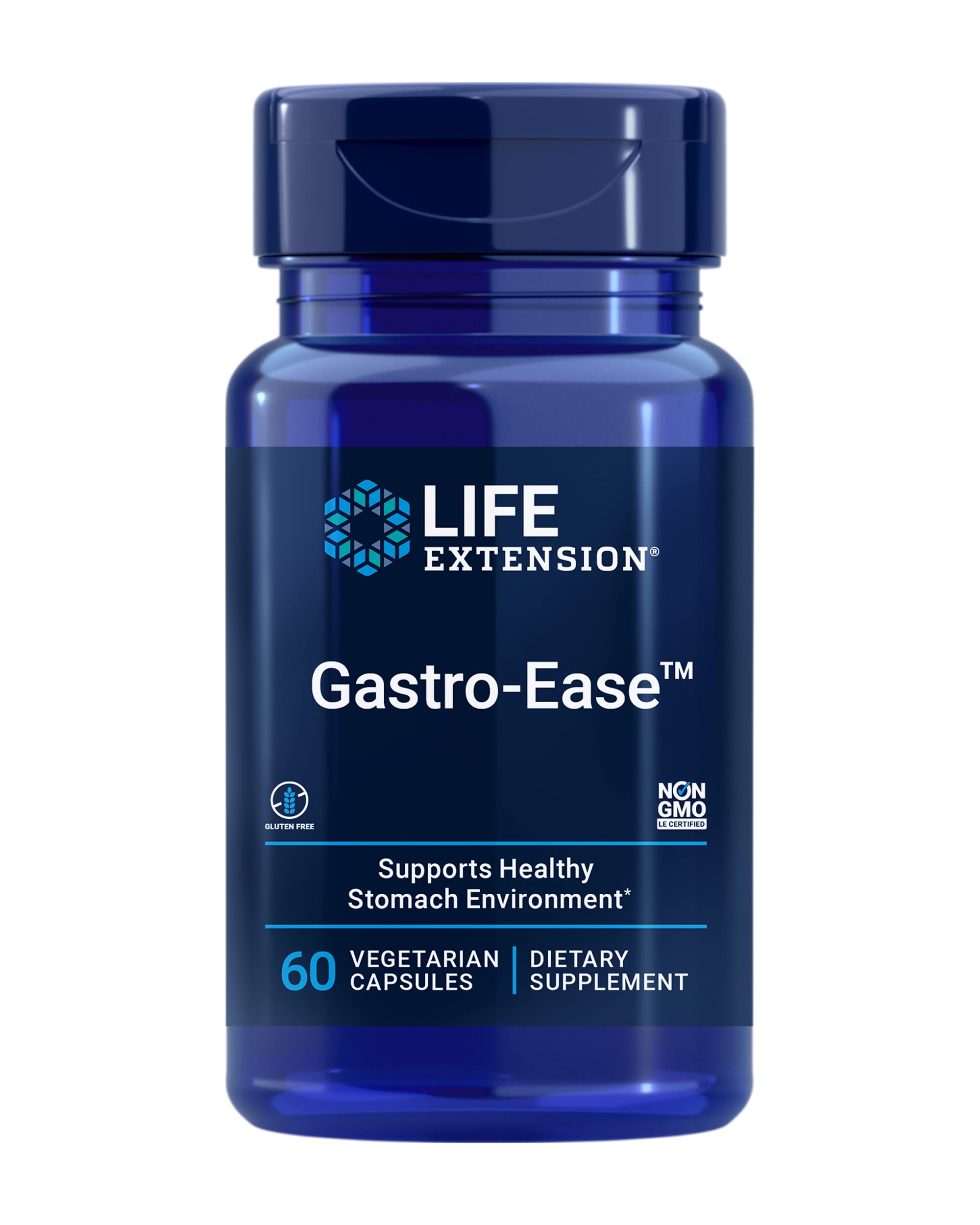 Life Extension frasco frontal mostrando la marca y beneficios para comodidad digestiva