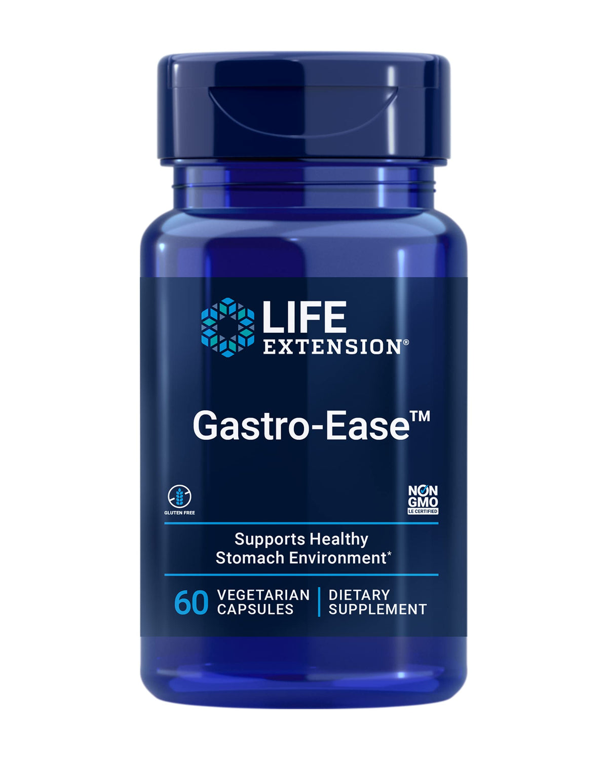 Life Extension frasco frontal mostrando la marca y beneficios para comodidad digestiva