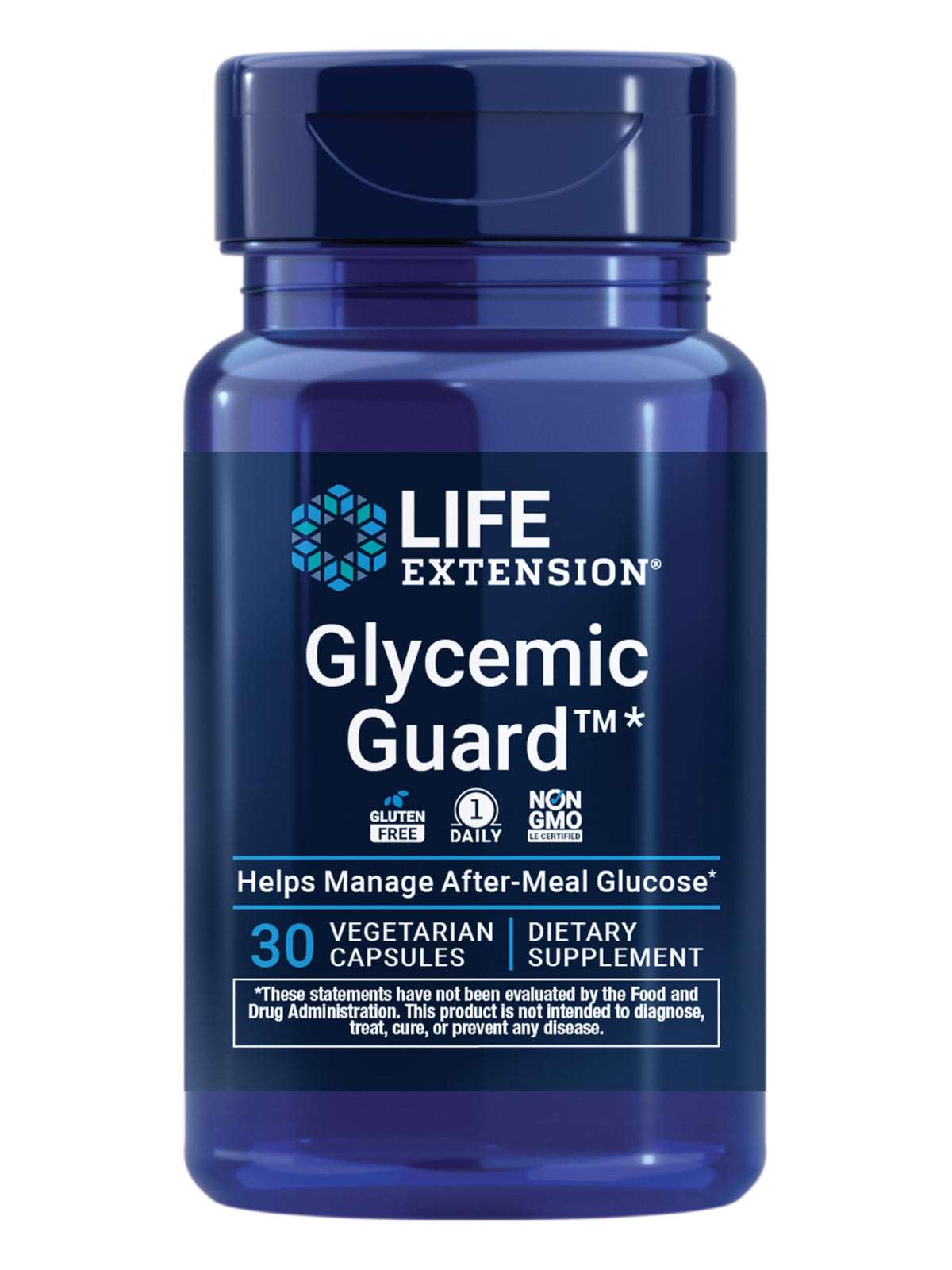 Life Extension envase frontal mostrando Glycemic Guard y beneficios claros