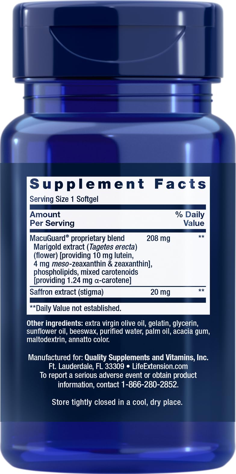 Life Extension primer plano de softgel MacuGuard destacando textura y absorción
