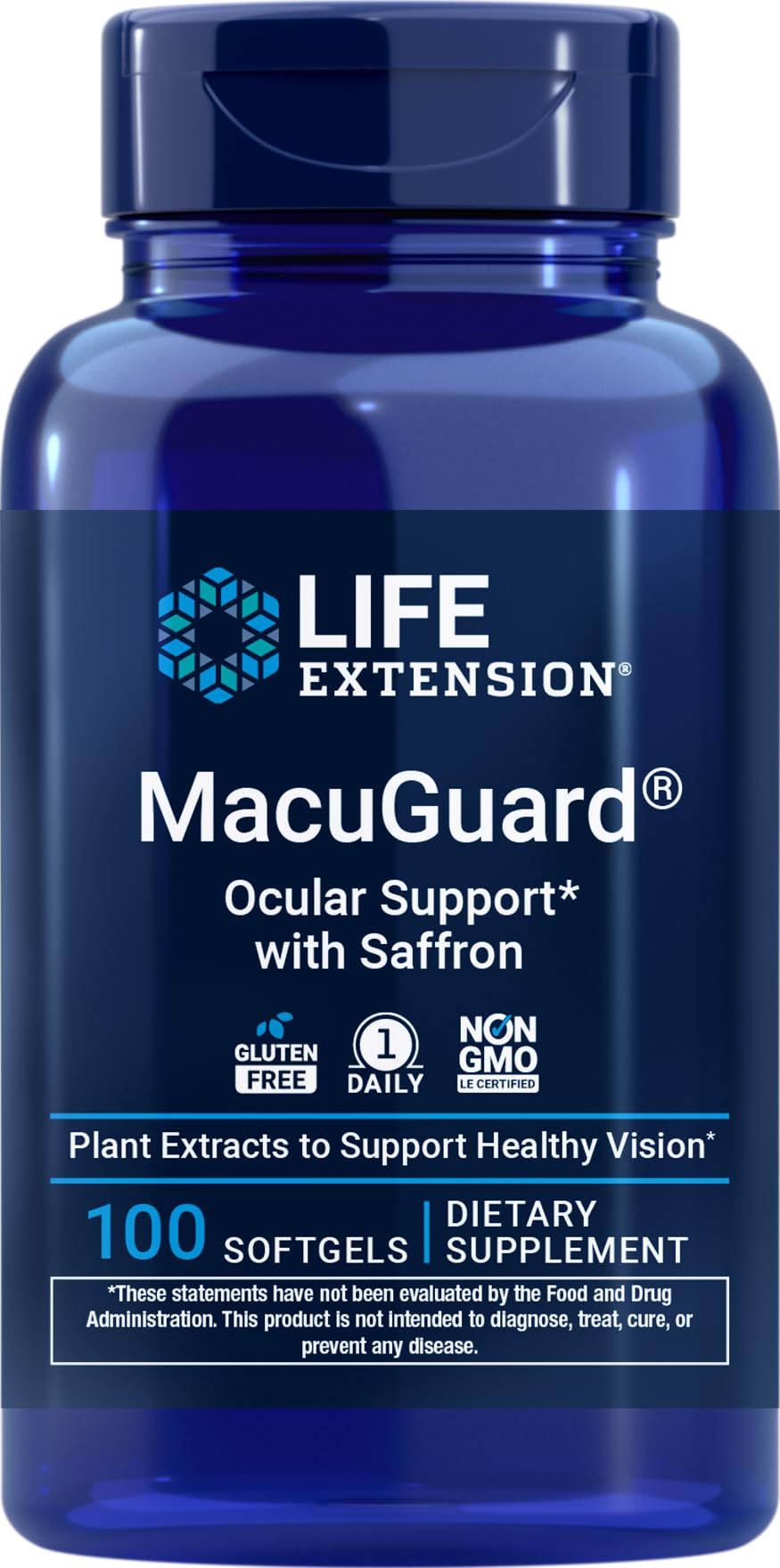 Life Extension frasco MacuGuard frontal mostrando etiqueta y cantidad