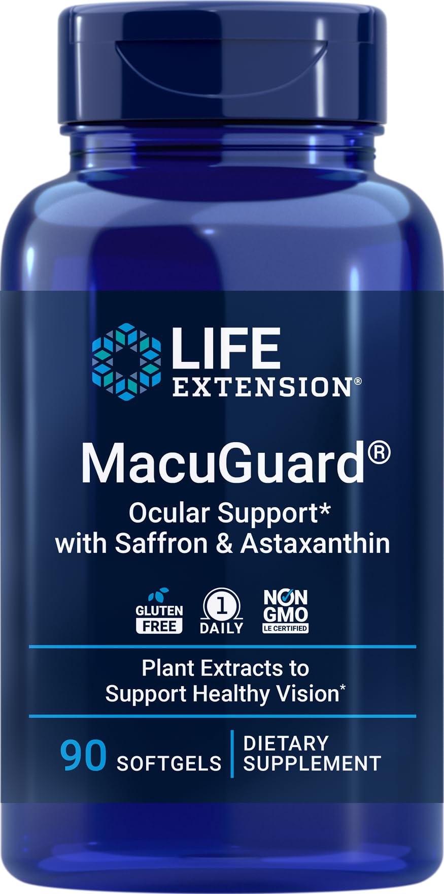 Life Extension envase MacuGuard frontal mostrando contenido y beneficios