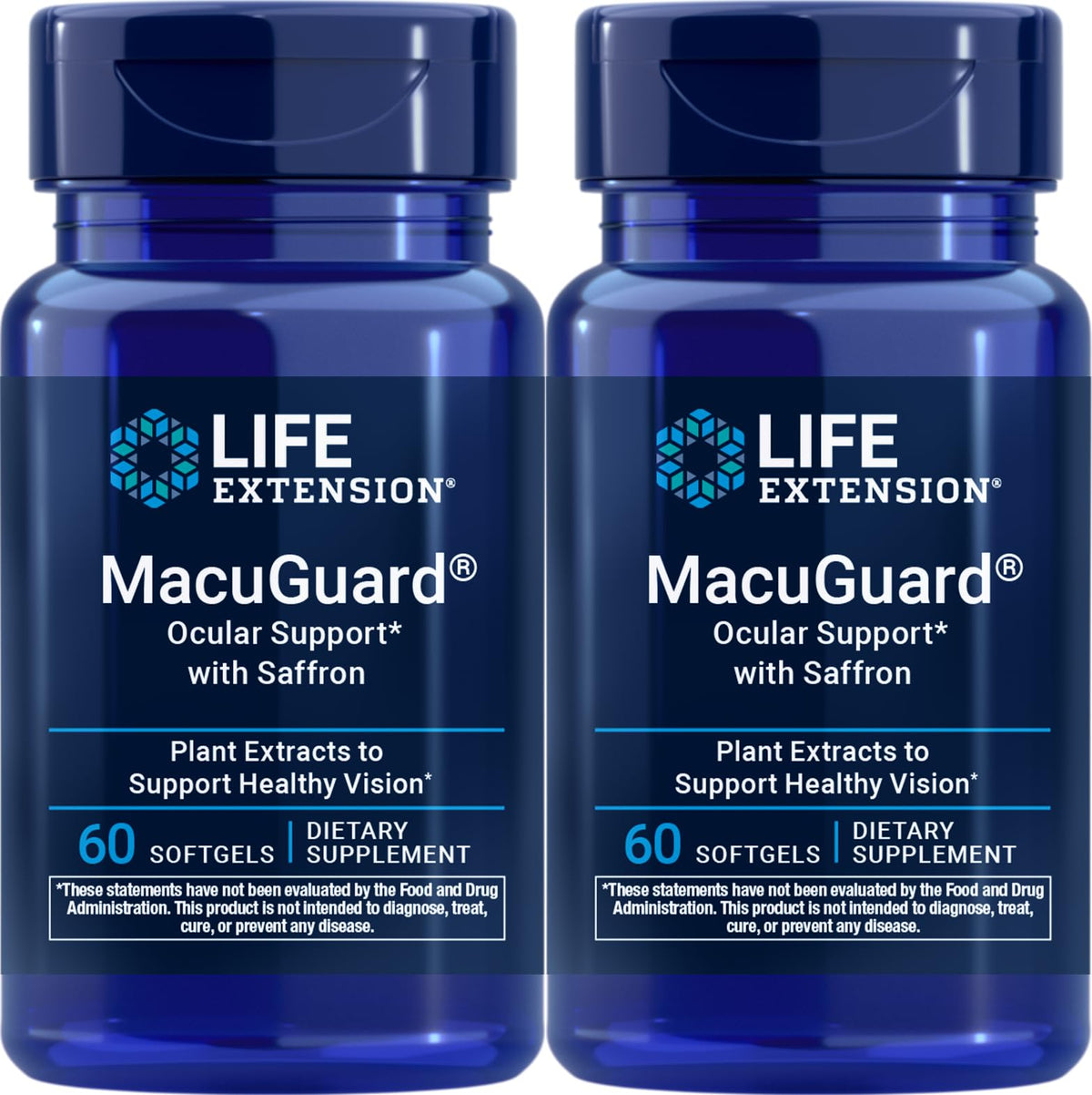 Life Extension frasco MacuGuard frontal mostrando el etiquetado y beneficios