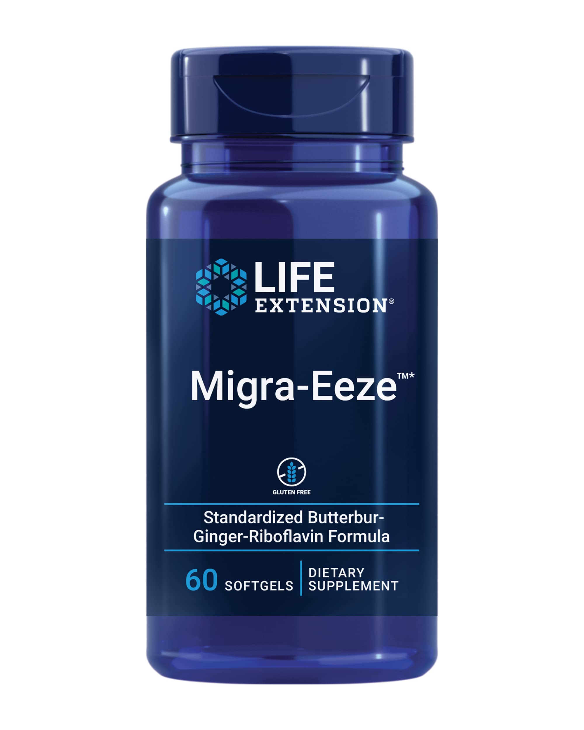 Life Extension frasco Migra-Eeze frente mostrando el envase y beneficio de confort craneal