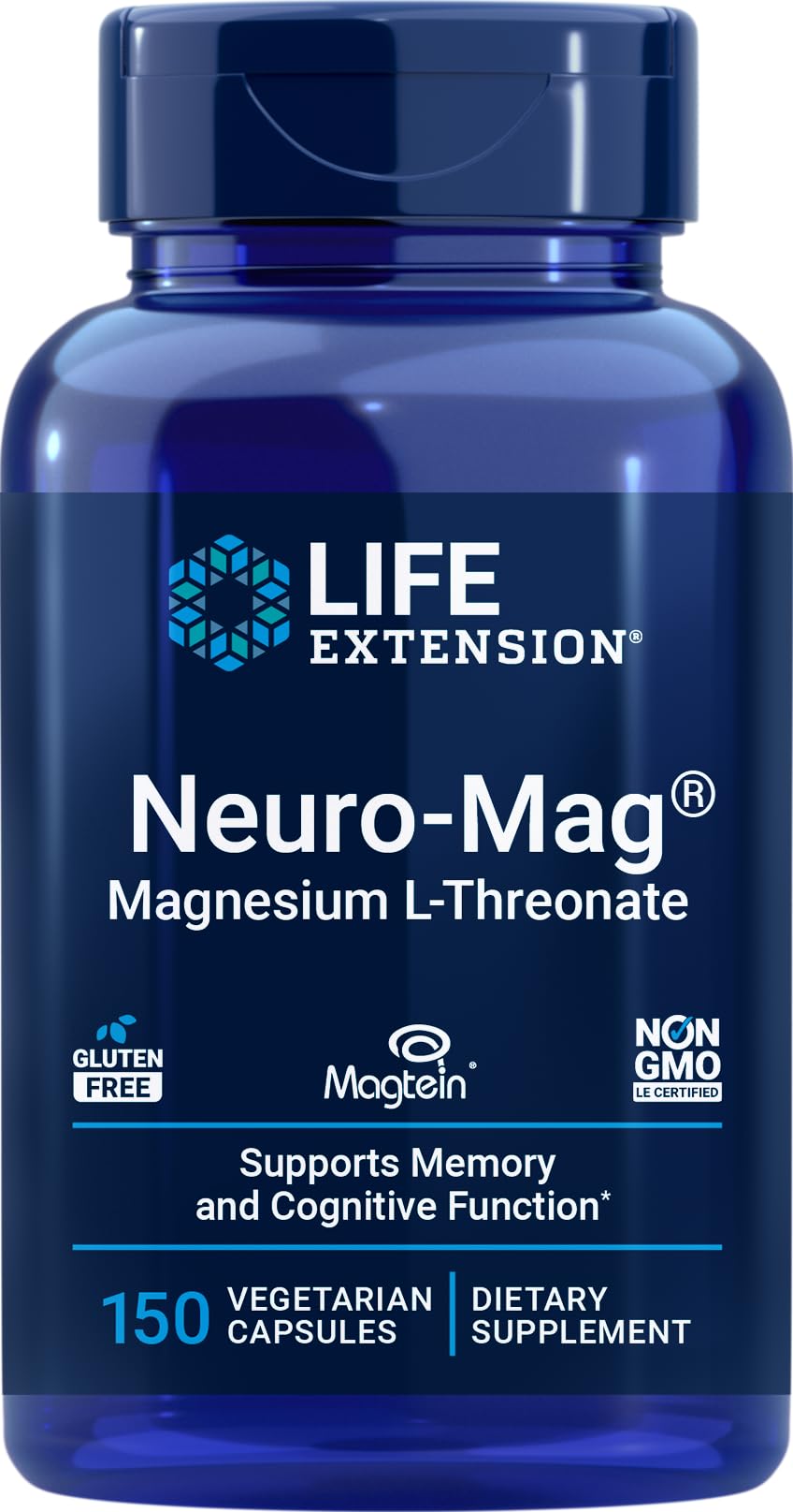 Life Extension frasco frontal mostrando 150 cápsulas y beneficios claros