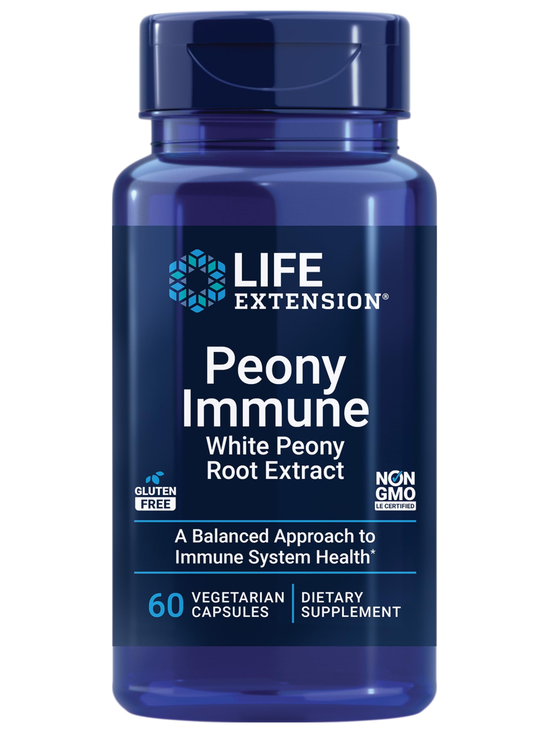 Life Extension frasco frontal mostrando Peony Immune y claridad de etiquetado