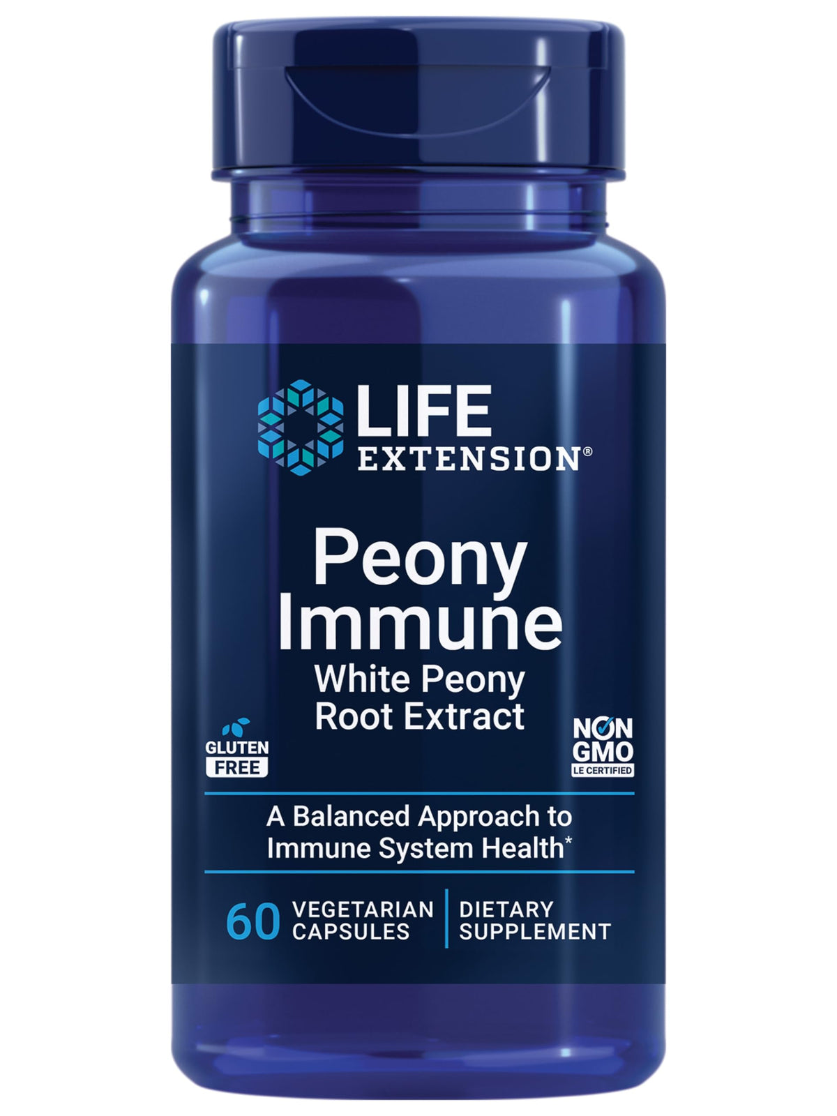 Life Extension frasco frontal mostrando Peony Immune y claridad de etiquetado