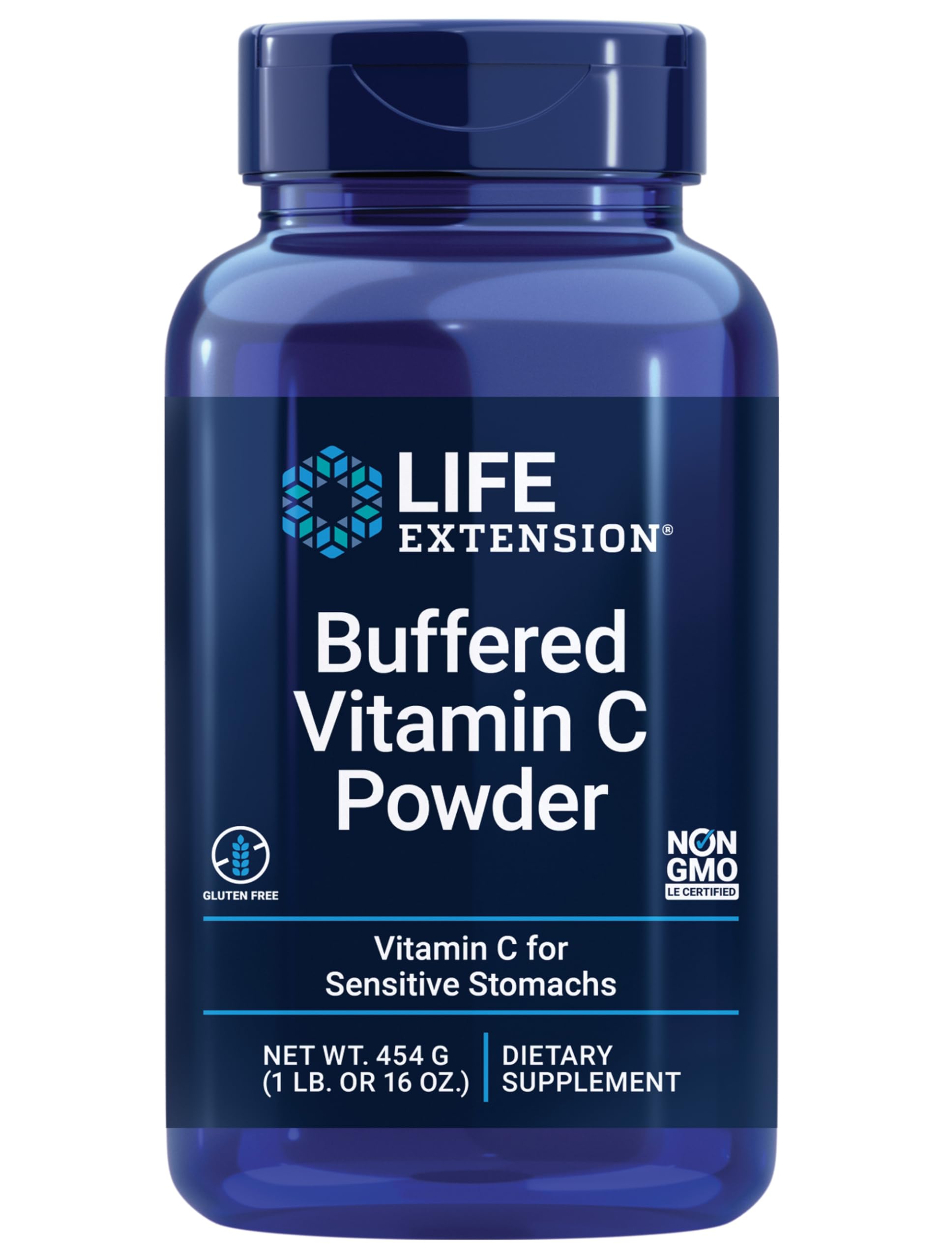 Life Extension frasco frontal del polvo de vitamina C muestra etiqueta clara y tamaño