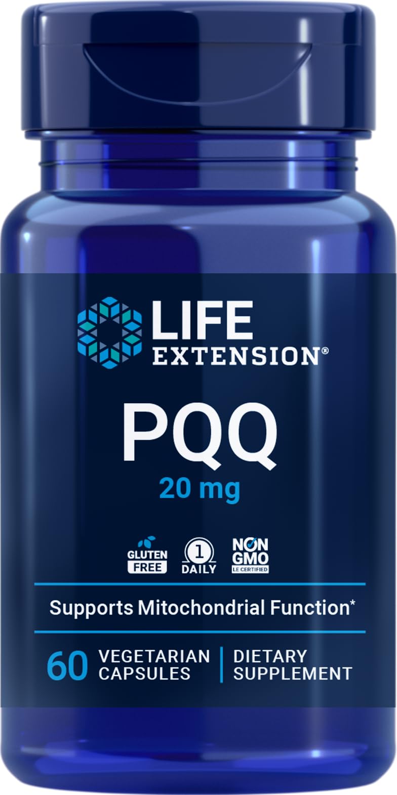 Life Extension frasco delantero con PQQ 20 mg mostrando etiqueta y beneficio de apoyo mitocondrial