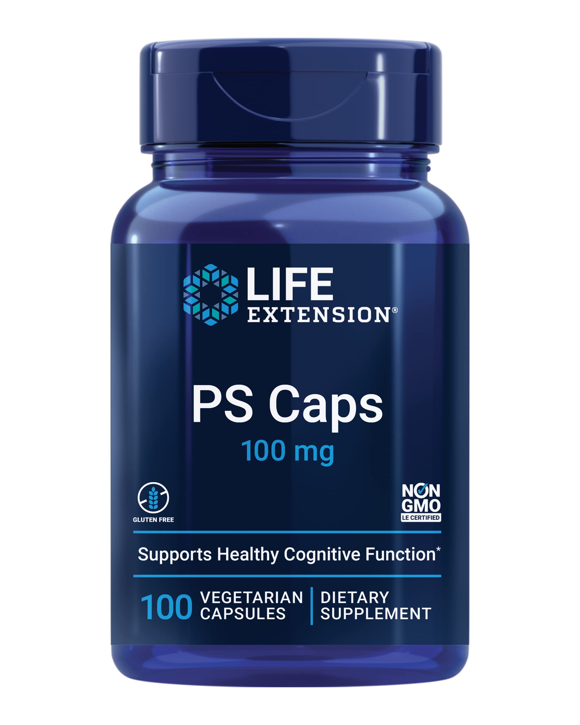 Life Extension frasco frontal mostrando 100 cápsulas y beneficio cognitivo