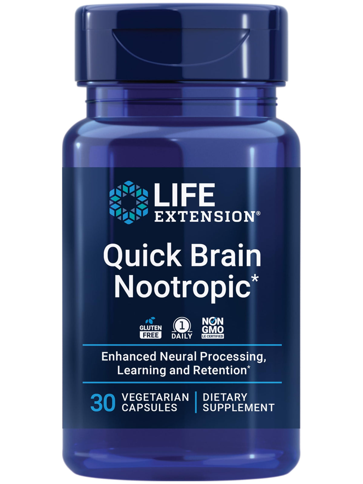 Life Extension frasco frontal con cápsulas, beneficio concentración rápida