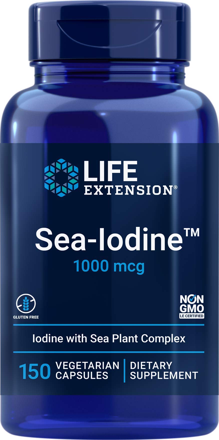Life Extension frasco delantero de Sea-Iodine mostrando etiqueta clara y beneficios