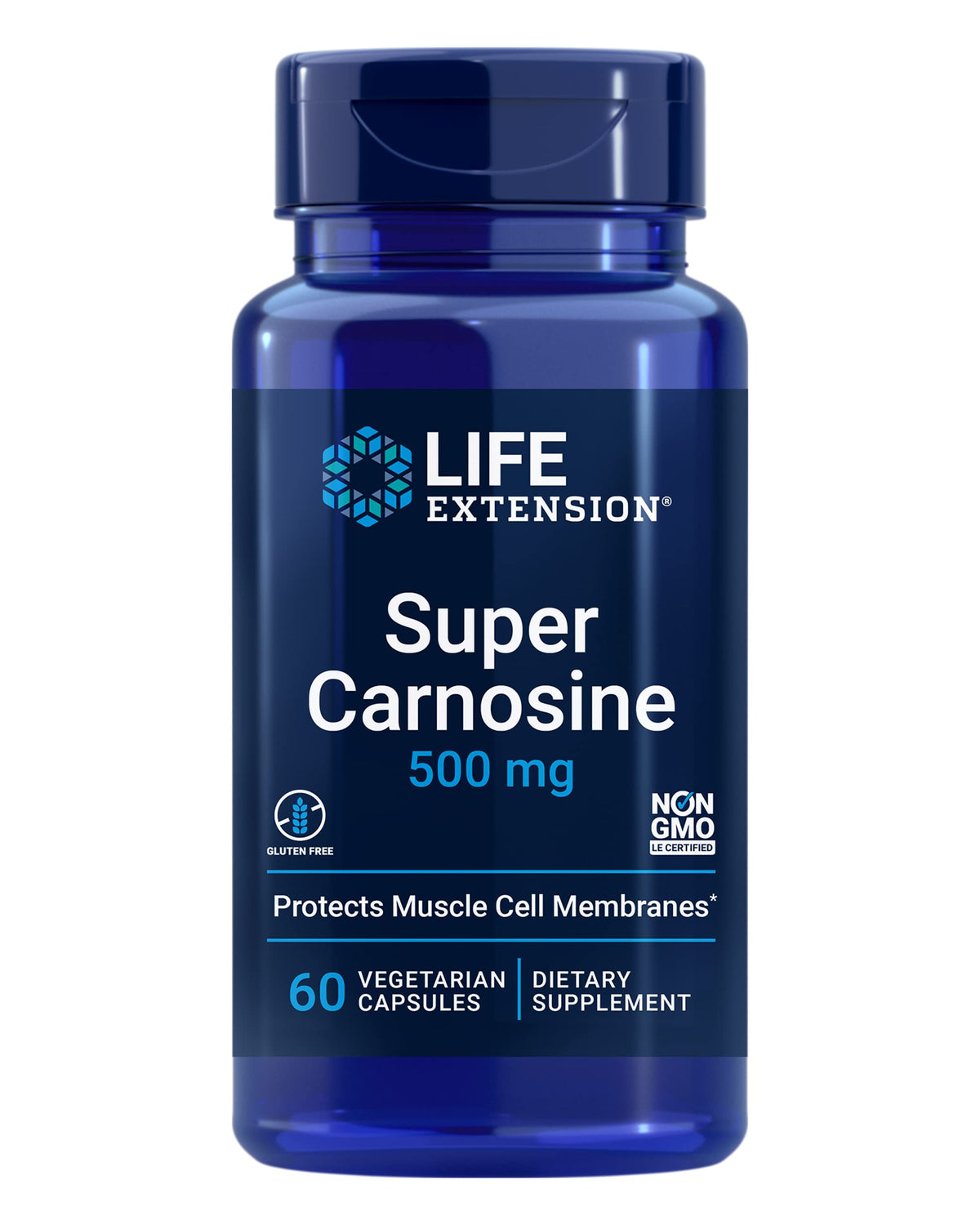 Life Extension envase frontal mostrando Super Carnosine y beneficios musculares