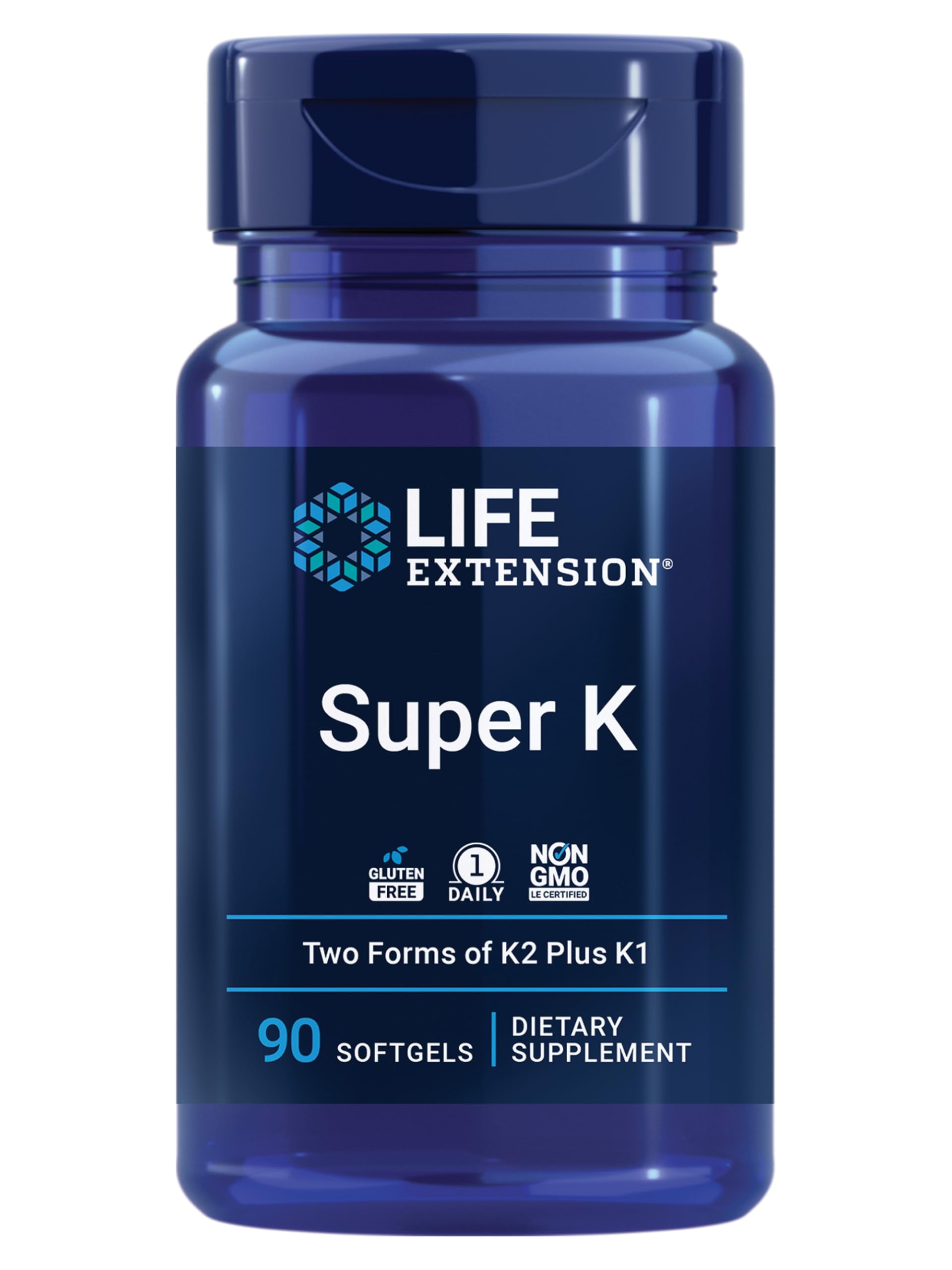 Life Extension envase frontal mostrando Super K y beneficio cardiovascular