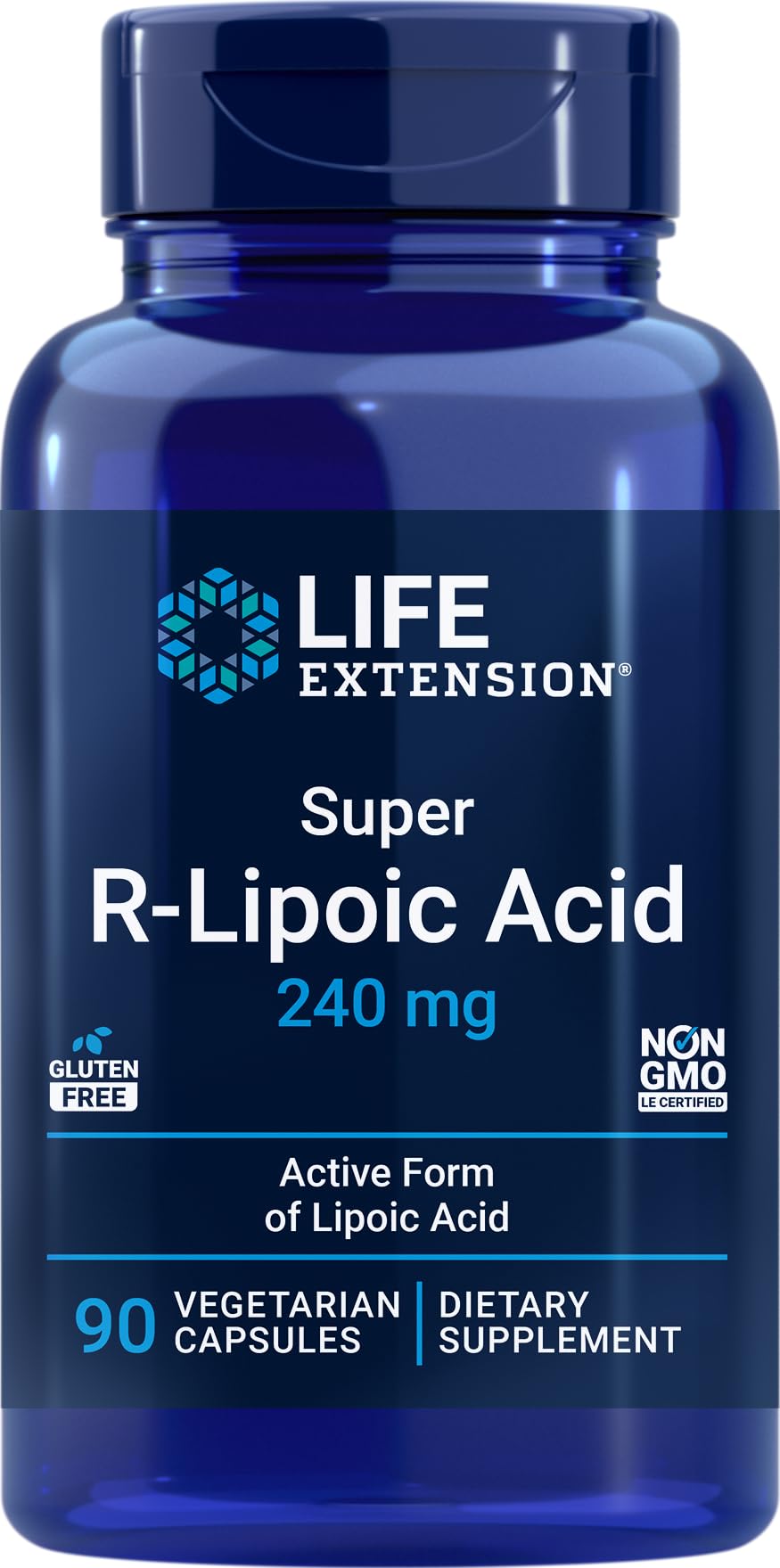 Life Extension frasco frontal mostrando 90 cápsulas y dosis clara