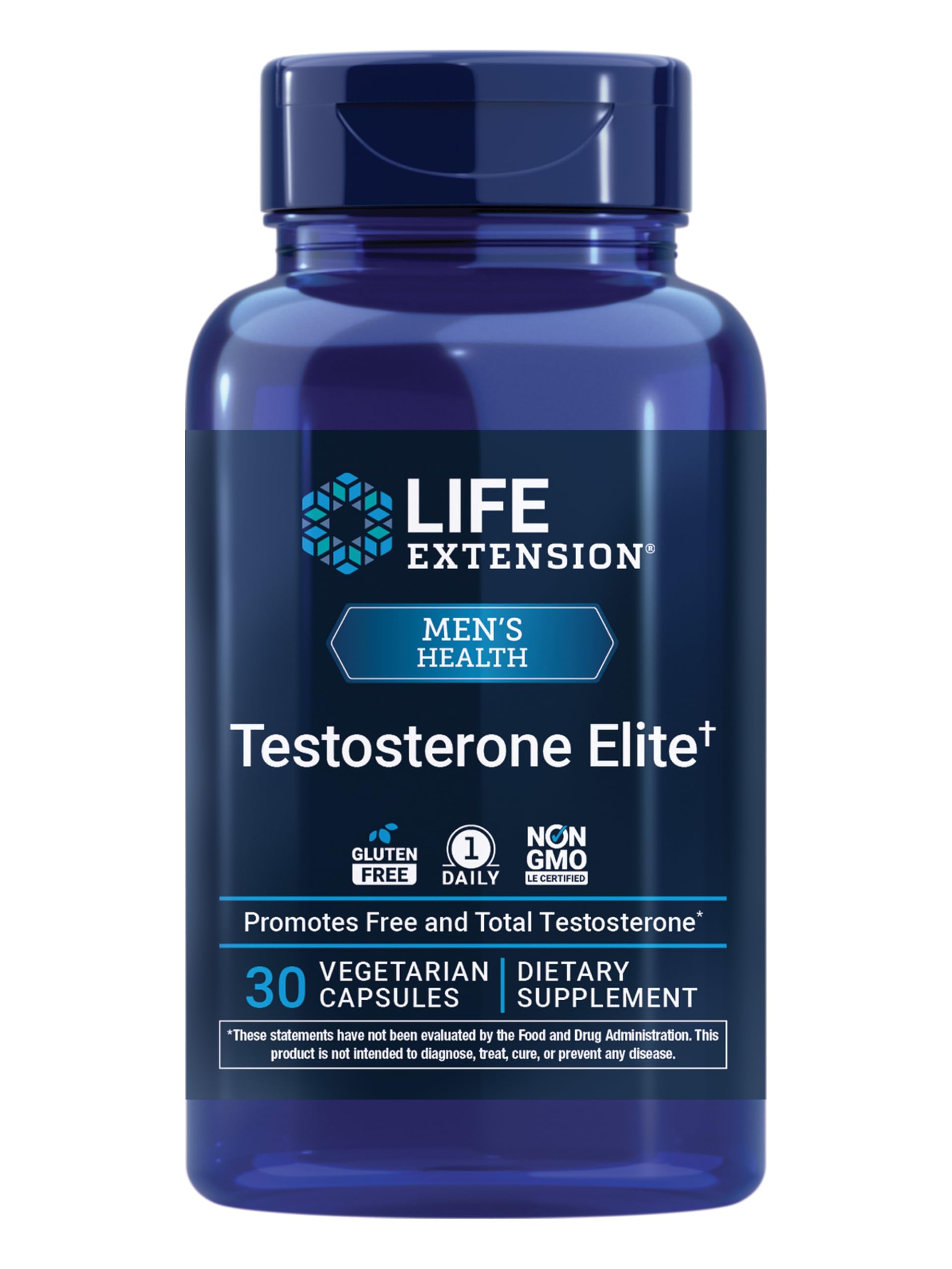 Life Extension frasco frontal mostrando Testosterone Elite y beneficio de apoyo hormonal