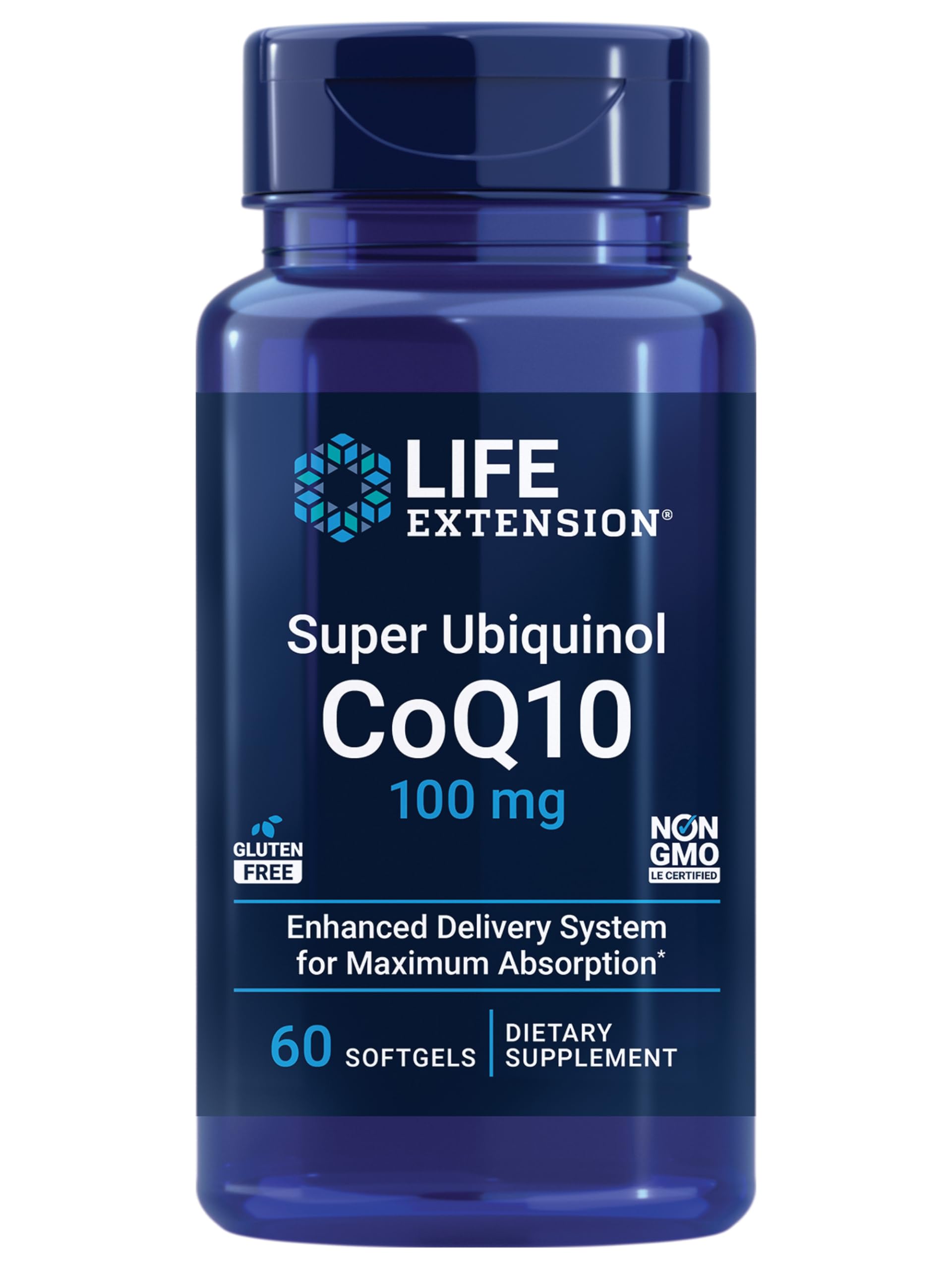Life Extension envase frontal de Super Ubiquinol CoQ10, visual claro y confianza