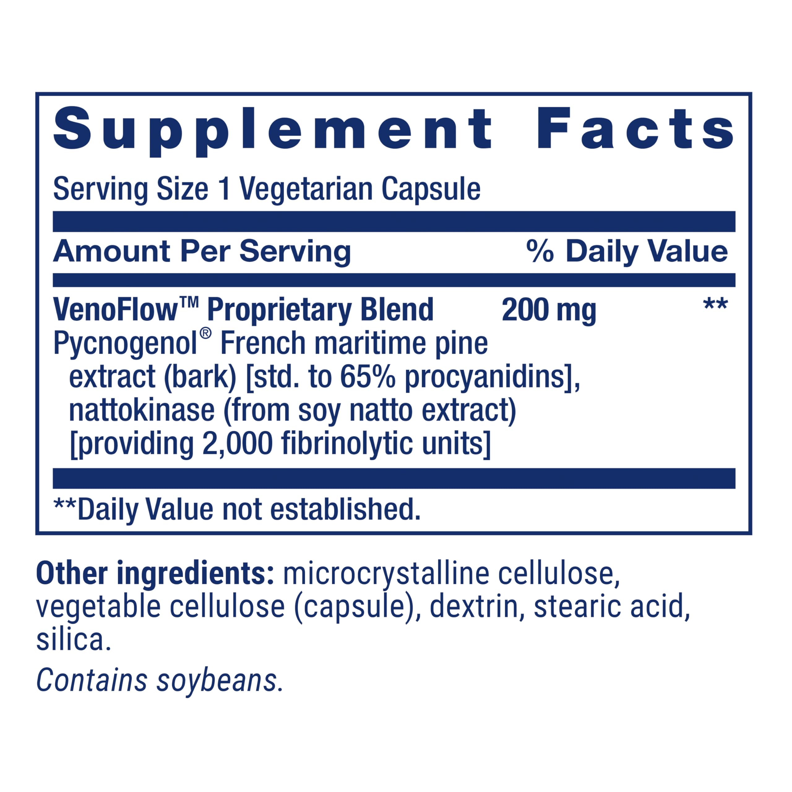 Life Extension etiqueta de VenoFlow con listado de nattokinase y Pycnogenol®