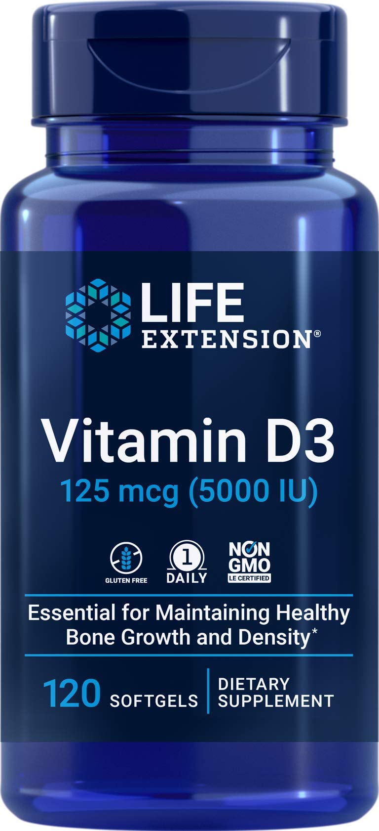 Life Extension frasco frontal mostrando 120 softgels y duración prolongada