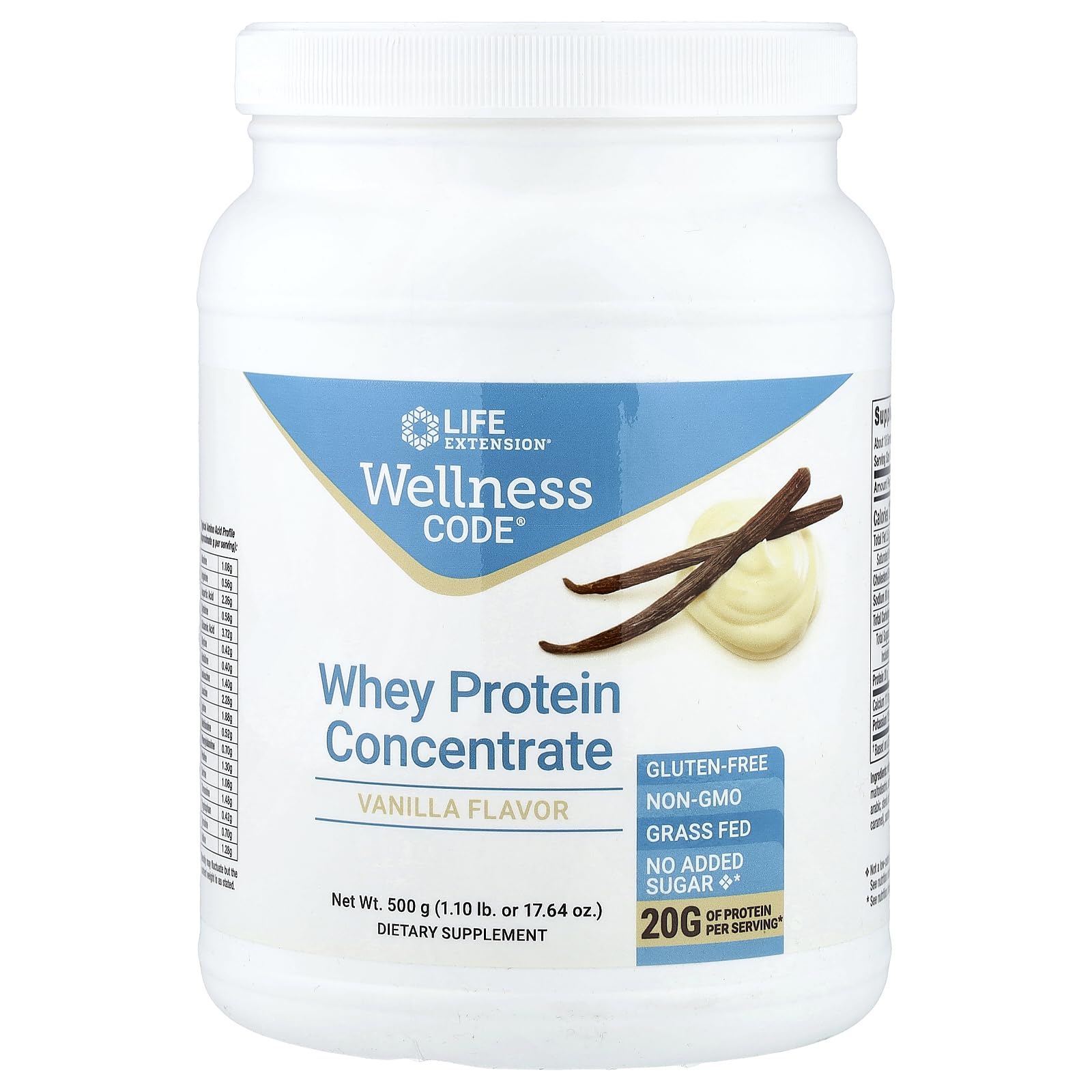 Life Extension envase frontal del producto mostrando etiqueta y beneficio proteico