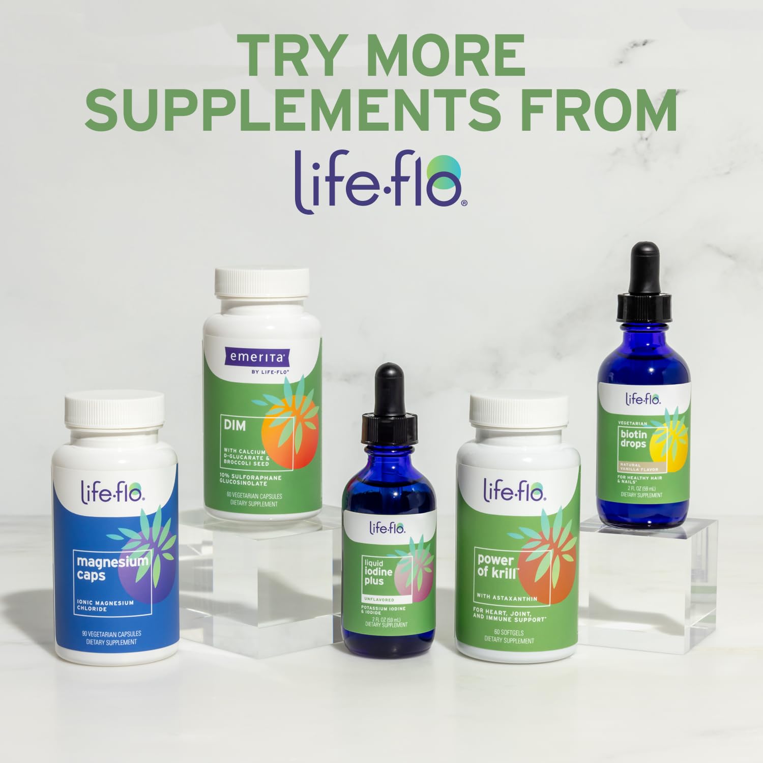 Life‑Flo botella junto a vainilla natural, sugiere sabor agradable y natural