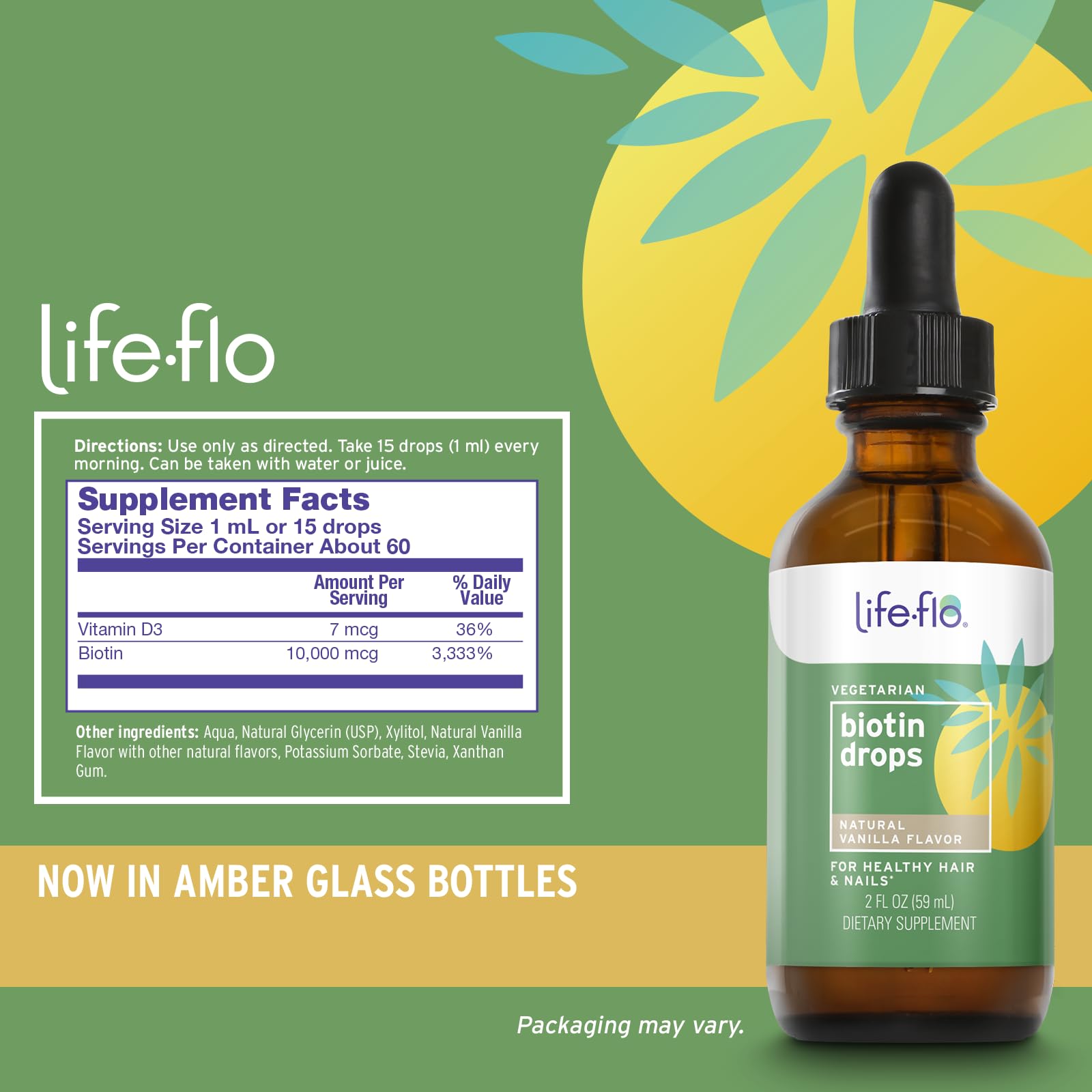 Life‑Flo gota sobre superficie en primer plano, muestra textura líquida y pureza