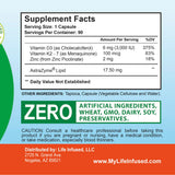 Life Infused cápsulas junto a alimentos saludables sugiriendo mejor absorción