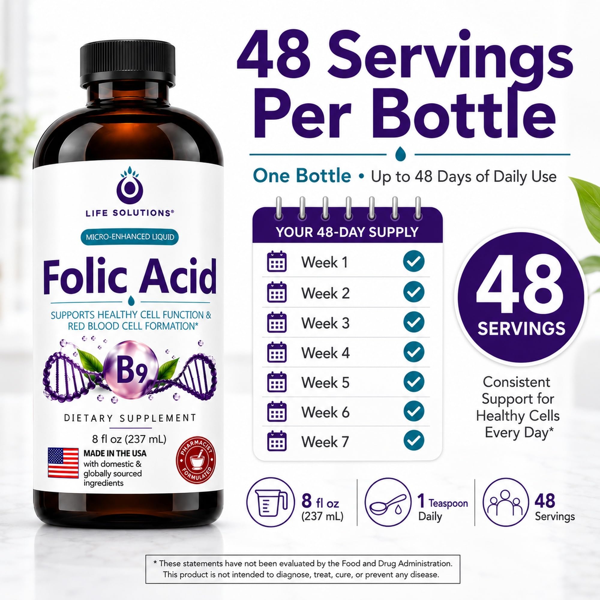 Life Solutions comparación de tamaño con mano, muestra el volumen de 8 oz