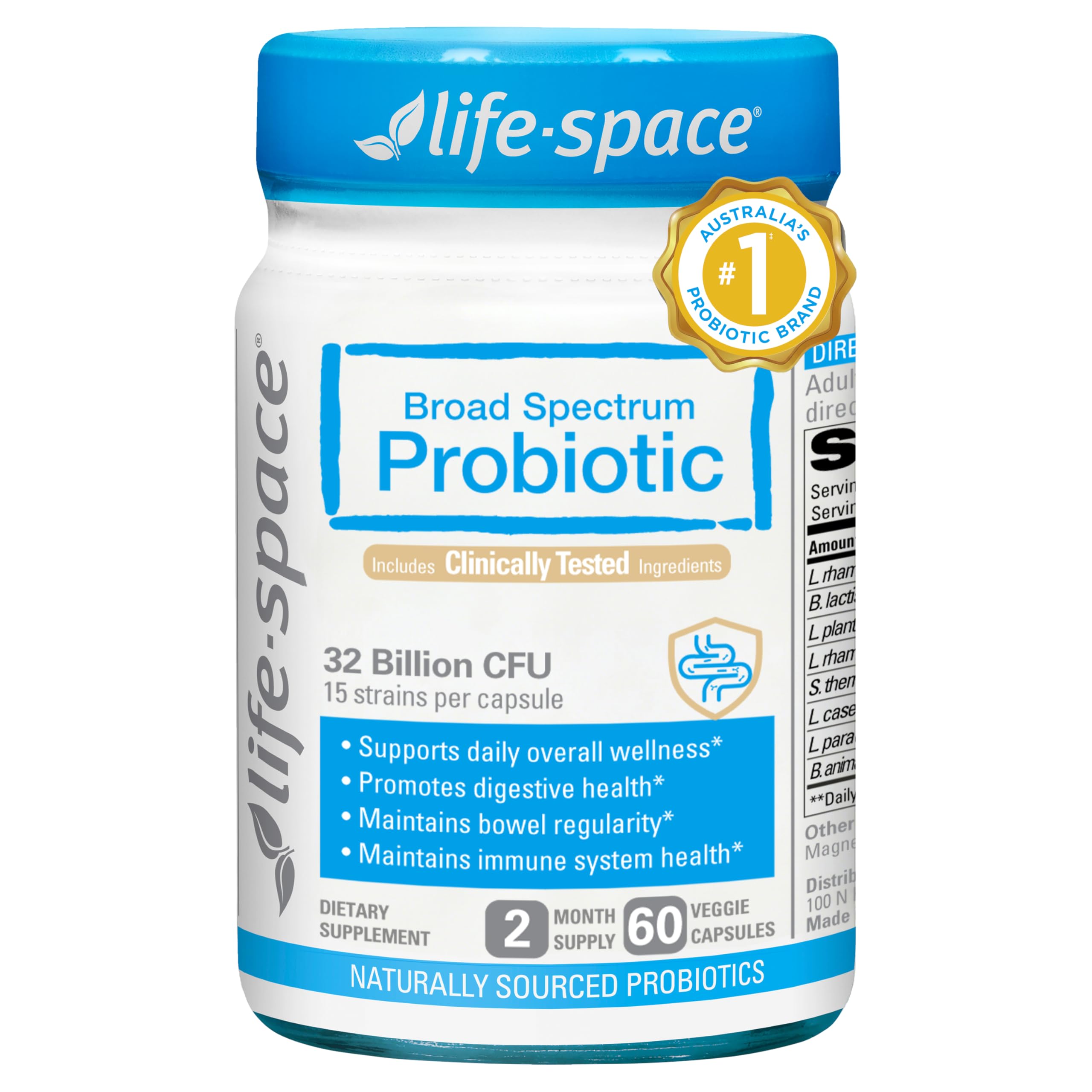 Life-Space envase frontal mostrando 60 cápsulas veganas y beneficio de dos meses