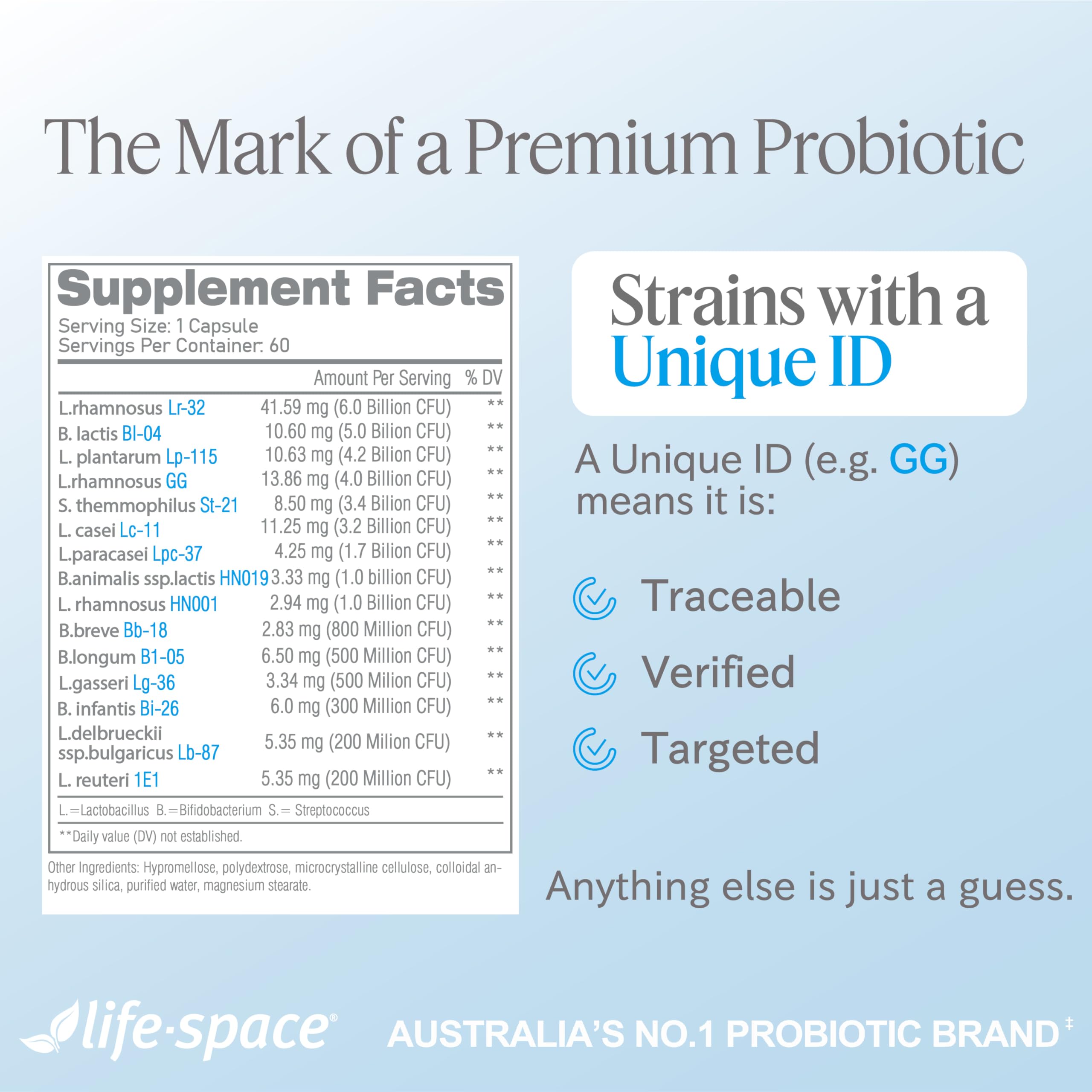 Life-Space lista de ingredientes destacando prebióticos y sin alérgenos comunes
