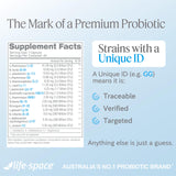 Life-Space lista de ingredientes destacando prebióticos y sin alérgenos comunes
