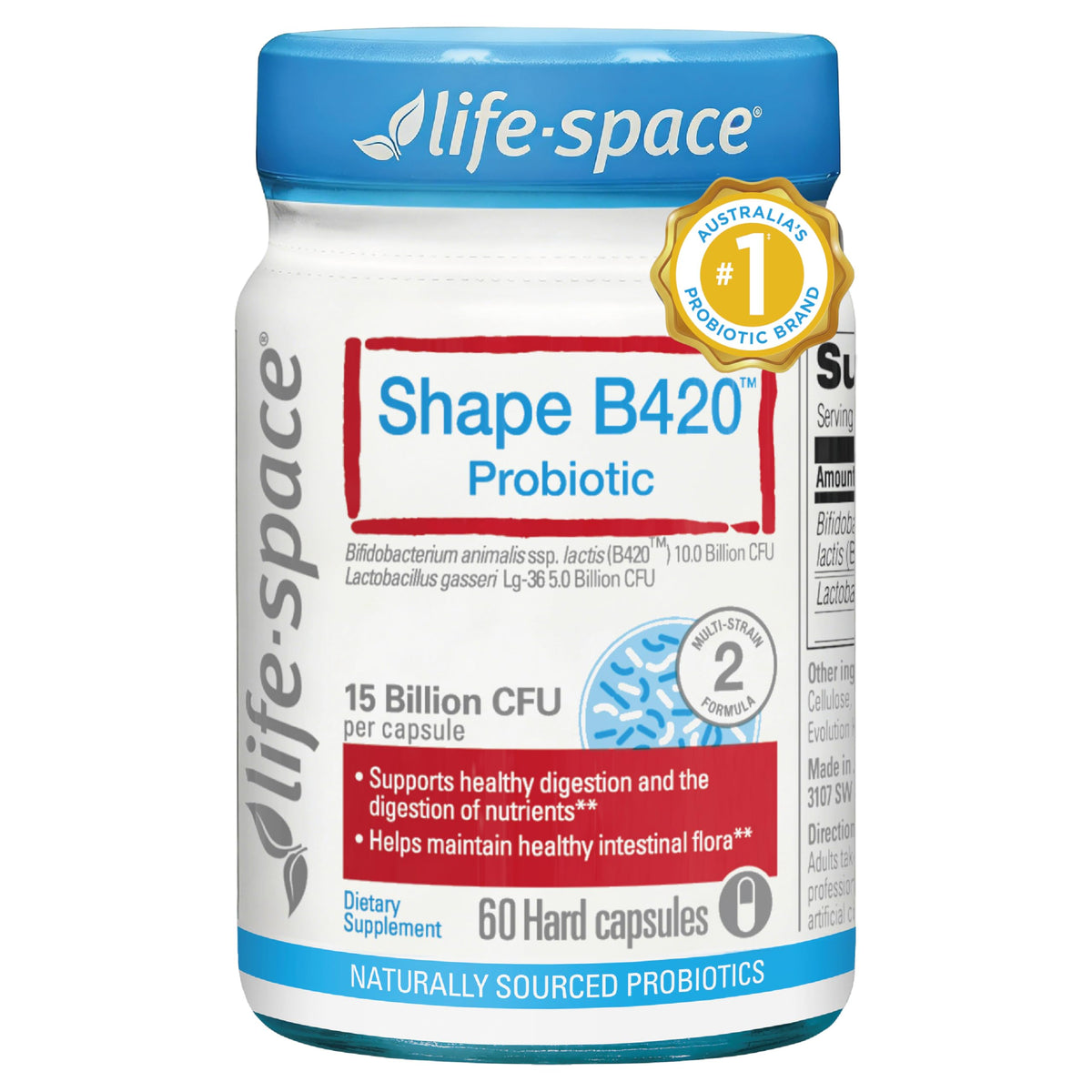 Life-Space frasco frontal del producto mostrando etiqueta clara y beneficio