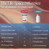 Life-Space cápsula junto a regla para comparar tamaño y dosificación clara