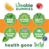 Lifeable frasco abierto con 90 gomitas visibles para consumo diario
