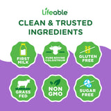 Lifeable etiqueta con ingredientes y sello Non-GMO, transparencia en el producto