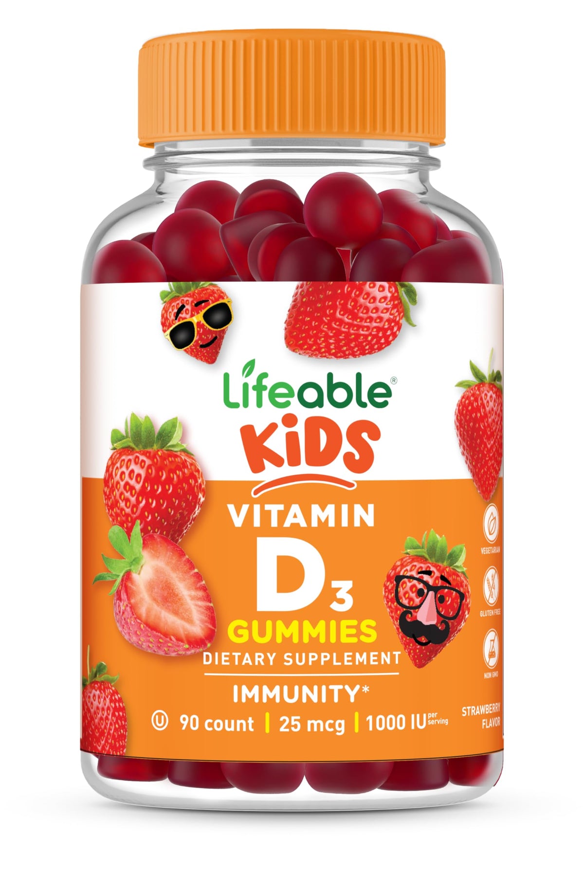 Lifeable envase frontal de gomitas D3, presentación clara y beneficios diarios