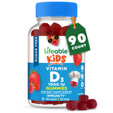 Lifeable envase frontal de gomitas vitamina D mostrando 90 unidades y beneficio de fácil administración