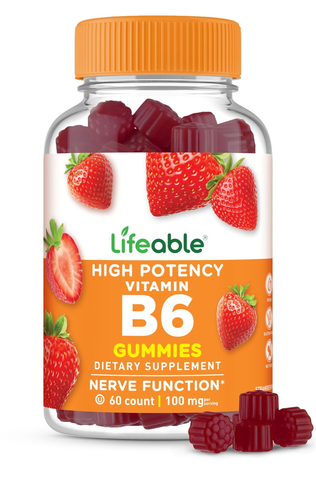Lifeable envase frontal de gomitas B6 mostrando cantidad y sabor fresa